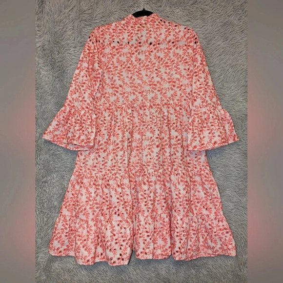 KASIA Tuckernuck Cutwork Tiered Split Neck Holiday Dress Coral/white Size Small - Picture 12 of 12